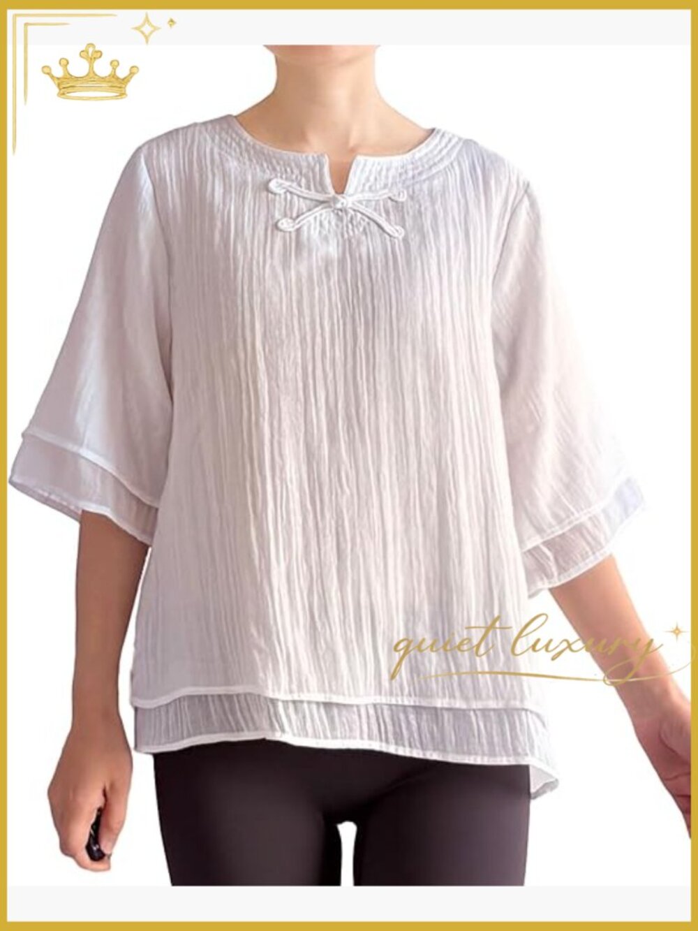 Women's Linen Blouses 3/4 Sleeve Chinese Frog Button Down Shirts